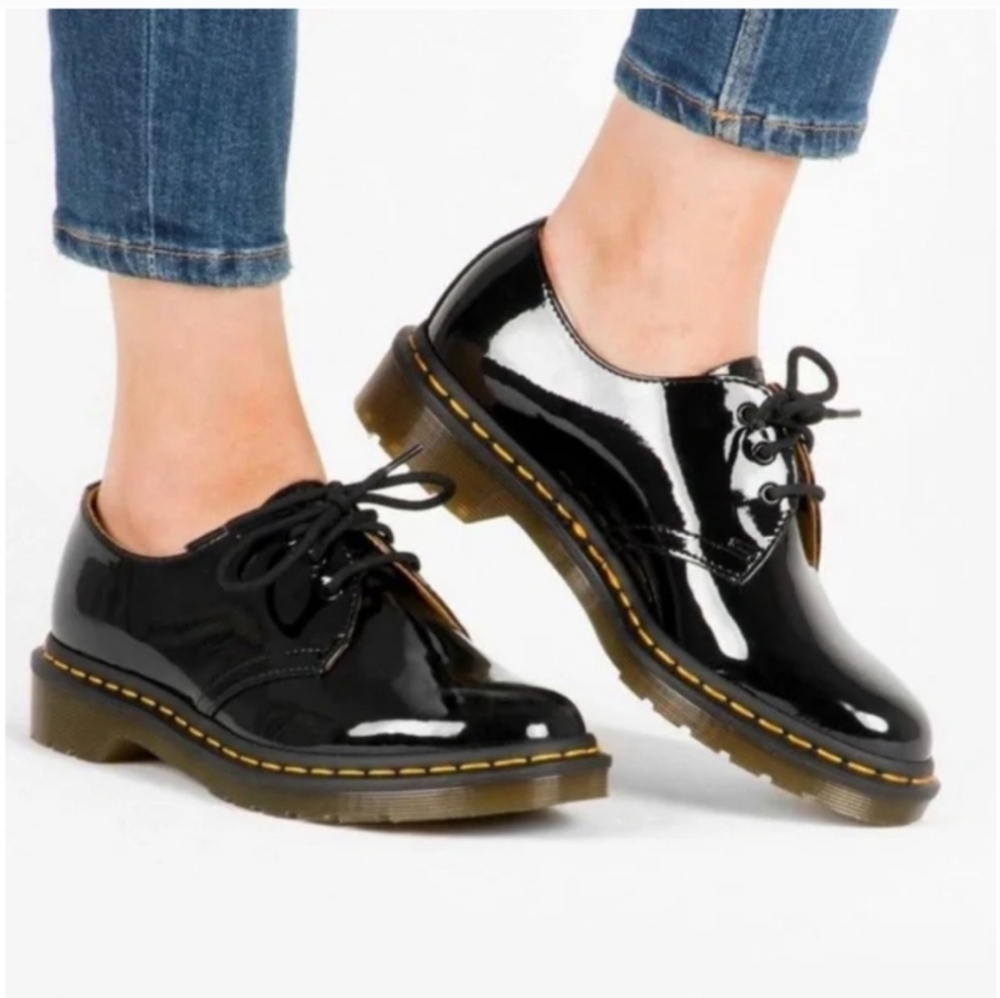 Dr. Martens 1461 Oxford Black Patent Leather With Yellow Stitching Sz 41 / US 9 - Picture 1 of 8